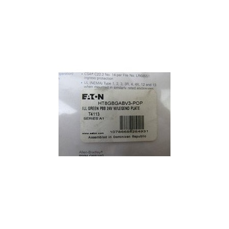 Eaton Pushbuttons Illuminated 24V 1NO 1NC Green NEMA 3/3R/4/4X/12/13 HT8GBGABV3-POP